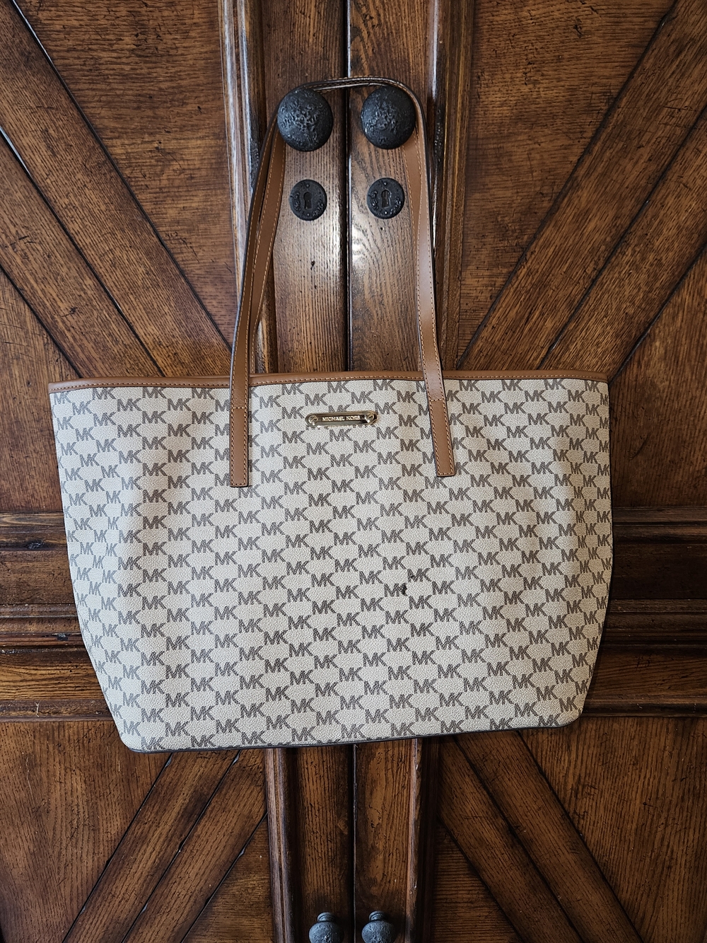 Michael Kors Beige Signature Tote Bag with Brown Straps